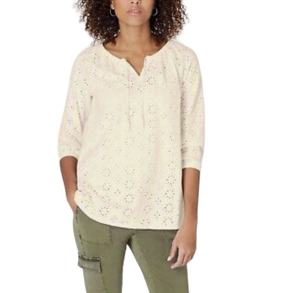 J jill Blouse Knit Eyelet Peasant Top Blouse   Ivory Size Small Tassel Tunic
